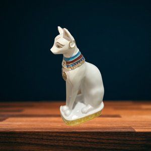 Egyptian Cat Bastet Goddess White Statue Figurine 8"